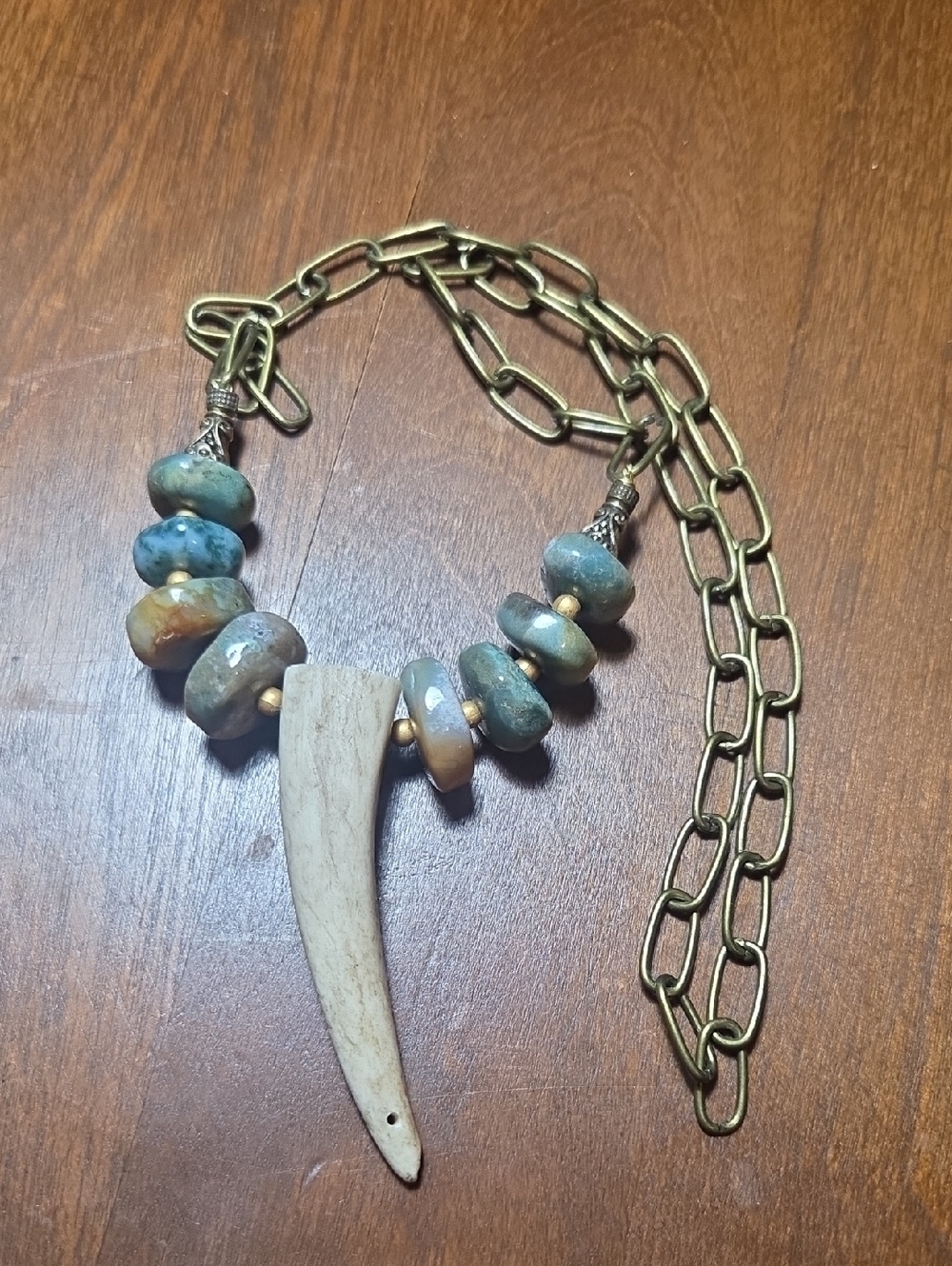 Genuine Stone Beads And Antler Necklace Blue Brass Tone